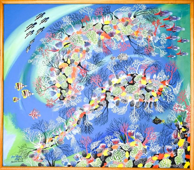 Jeorge Hernan Painting of Columbian Coral Reef: Jeorge Hernan Painting of Columbian Coral Reef, Madellin Columbia.Frame measures 30 inches x 35 inches, artwork 28 inches x 33 inches.