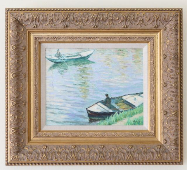 Antique Impressionist Oil Painting of Rowboats: Antique Framed Impressionist Oil Painting of Rowboats on the River by Paish. 15 inches x 17 inches