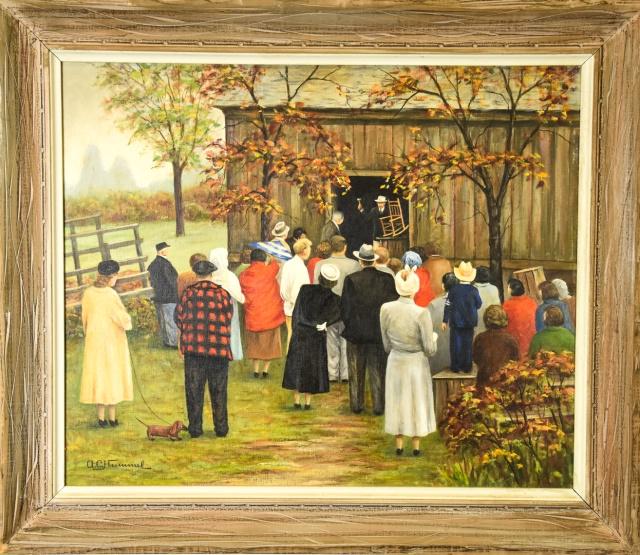 A C Hummel Oil Painting of a Country Auction: A C Hummel Oil Painting of a Country Auction. Framed and signed. Measures 25 x 29 inches.