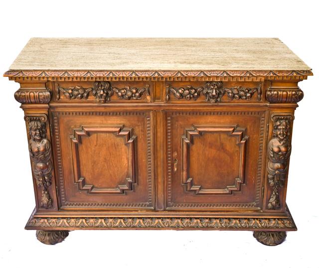 Antique RJ Horner Hand Carved Marble Top Sideboard: Antique RJ Horner Hand Carved Marble Top Sideboard with Figural Statue Columns Decorated.Measures 37 inches x 53 inches x 25 inches.
