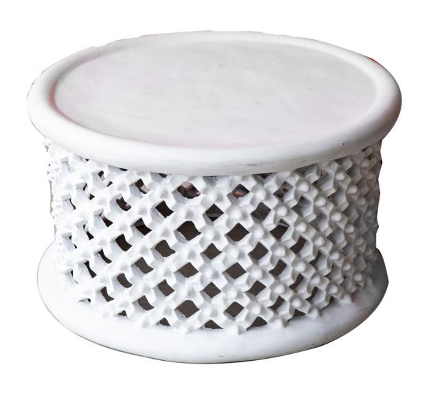 Aged White Bamileke Round Table: Aged White Bamileke Round TableMeasures 18 inches x 30 inches diameter.