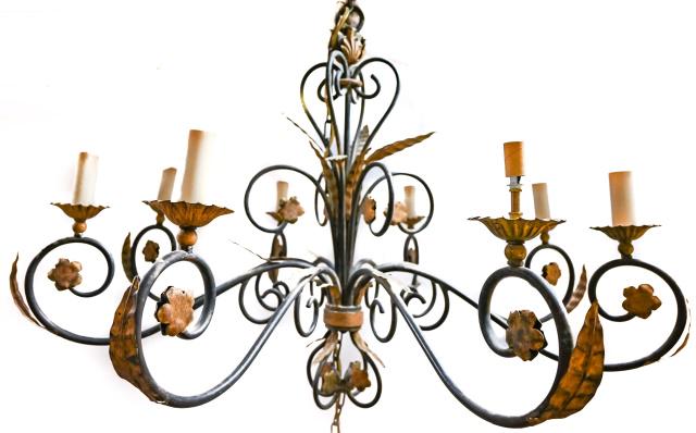 Large 8-Arm Wrought Iron & Gilt Tole Chandelier (1 of 7)