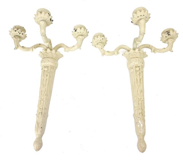 Pair Antique Bronze Torch Form 3 Arm Sconces (1 of 9)