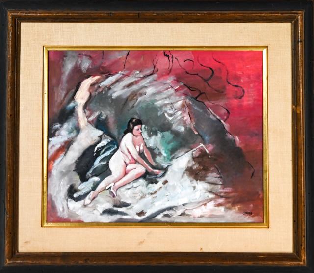 George Grosz Expressionist Nude Painting: George Grosz German American 1893 - 1959 Signed Expressionist Oil Painting on Canvas of Nude Female. Frame measures 26 inches x 29 inches, artwork measures 16 inches x 19 inches.