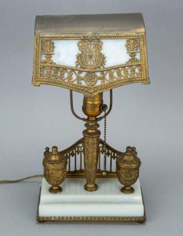 Art Nouveau Bronze & Slag Glass Lamp w Ink Wells (1 of 6)