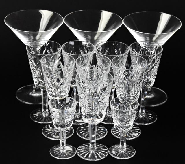 Waterford Cut Crystal Aperitifs & Riedel Glasses: Set Waterford Cut Crystal Aperitifs (8) & Shot Glasses (2) & Riedel Martini Glasses (3). All marked on bottom. Largest Waterford measures 5 inches high x 2 inches in diameter.