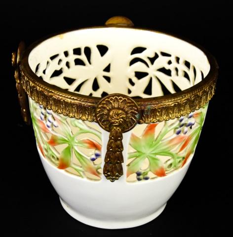 Antique Reticulated Porcelain Cache Pot w Gallery: Antique Reticulated Porcelain Cache Pot with Neoclassical Style Brass Gallery. Marked on bottom. Measures 5 inches high x 5.75 inches in diameter.