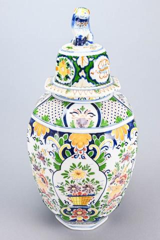 Boch Freres Keramis Polychrome Lidded Ginger Jar: Boch Freres Keramis Polychrome Lidded Ginger Jar with Lion Finial.Measures 22 inches x 10 inches diameter