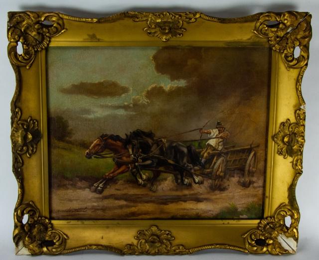 Russian Painting of a Horse Drawn Carriage: Russian Painting of a Horse Drawn Carriage Signed Kovacs. USSR written on back. Measures 21 x 25 inches.