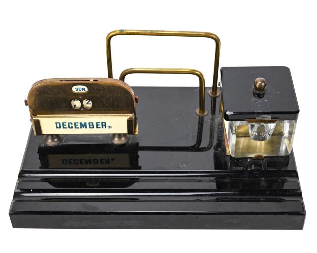 Mid C Polished Onyx Marble, Brass Desk Set Inkwell (1 of 8)