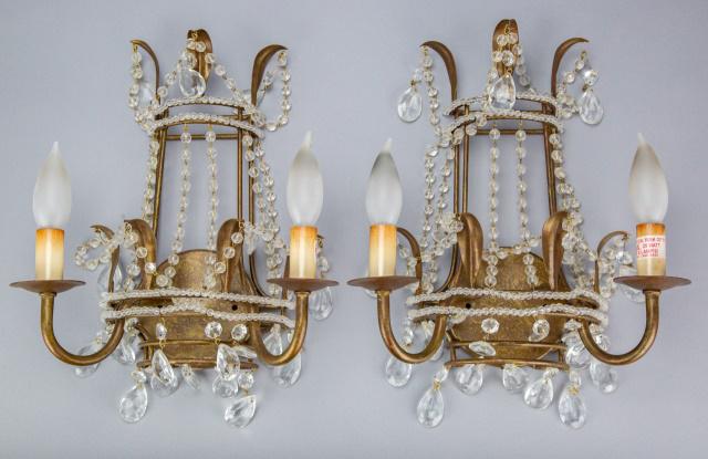 Pair Hollywood Regency Gilt Tole & Crystal Sconces (1 of 9)