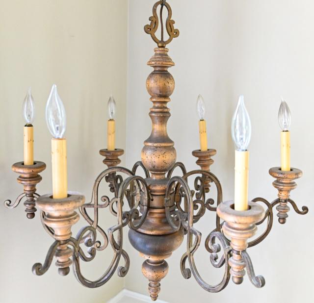French Country Turned Wood 6 Light Chandelier: French Country Turned Wood 6 Light Chandelier. Measures 48.25 inches high x 30 inches in diameter.