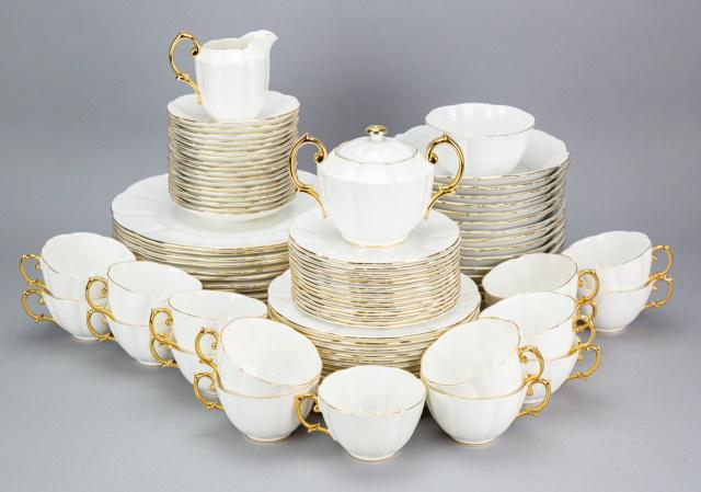 Royal Albert Val D 'Or Bone China Dinner Service: Royal Albert Val D 'Or Bone China Dinner Service. Includes 14 dinner plates, 14 salad plates, 14 dessert plates, 15 soup bowls, 17 cups, 18 saucers, creamer, sugar and milk. Please note that soup bowl