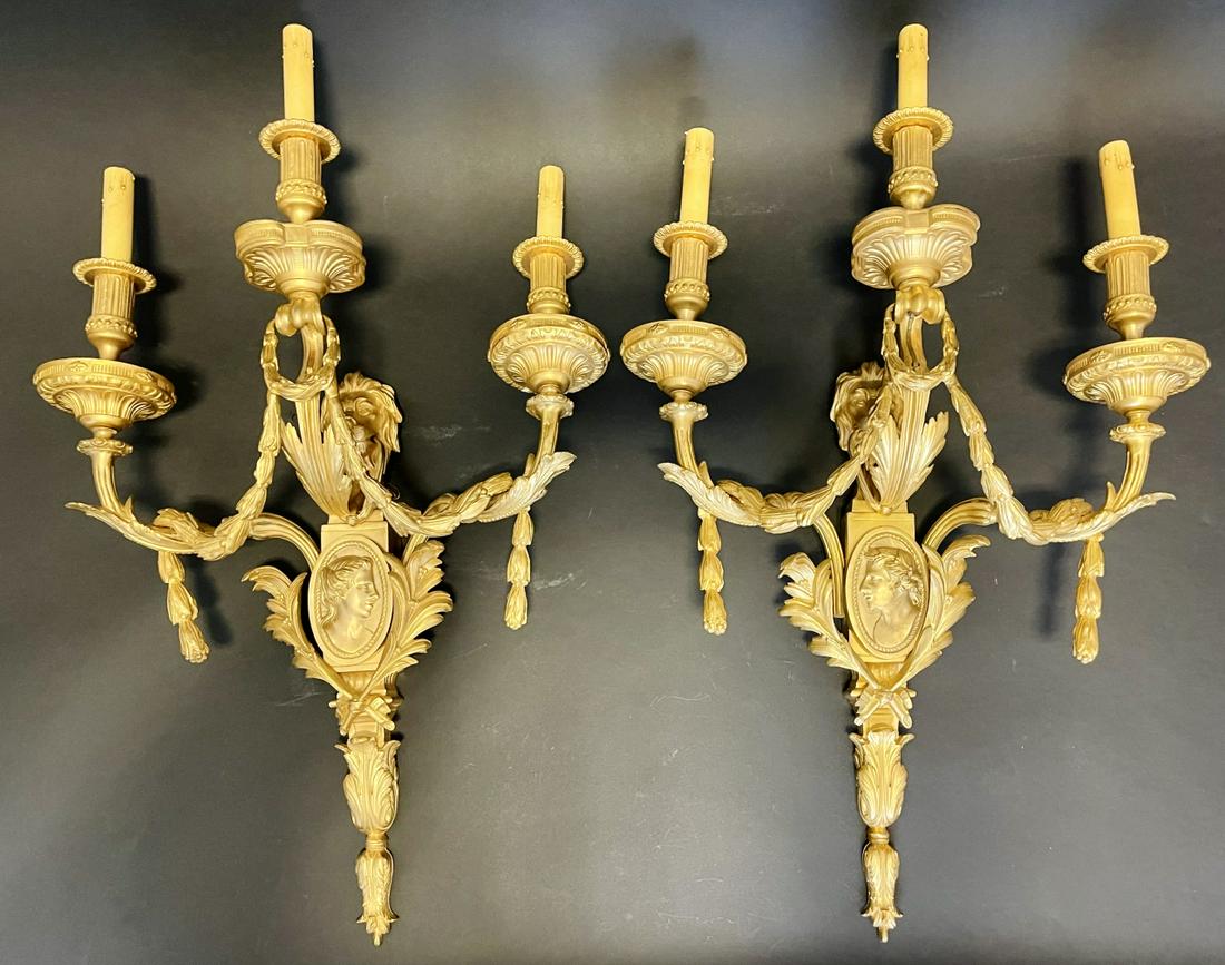 2 Antique French Dore Gilt Bronze 3 Light Sconces (1 of 11)