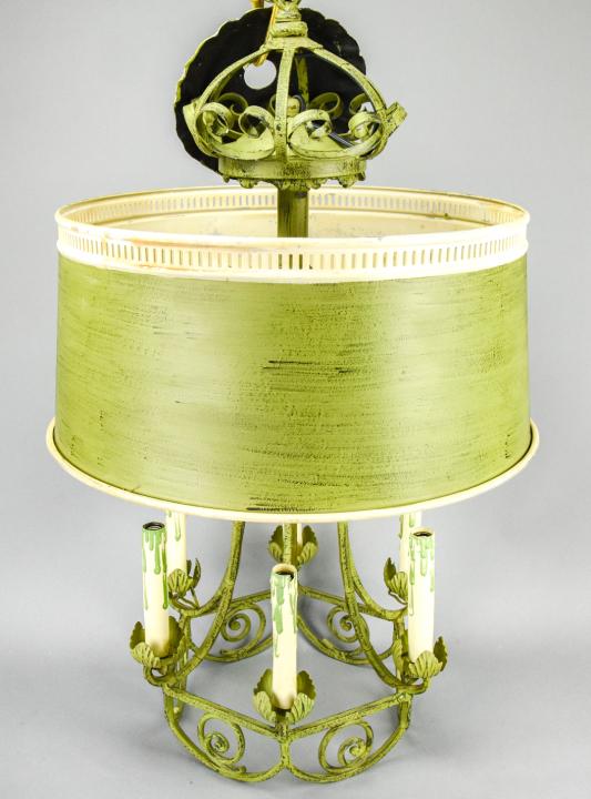 Vedrigris Tone Wrought Iron & Tole Chandelier: Vedrigris Tone Wrought Iron & Tole Chandelier. 6 light chandelier with tole shade. Measures 36 inches x 15 inches in diameter.