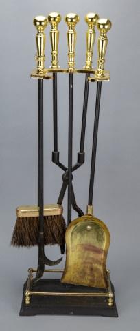 Set of Brass and Iron Fireplace Tools on Stand: Set of Brass and Irons Fireplace Tools on Stand.Measures 29 inches x 9 inches diameter x 7 inches.