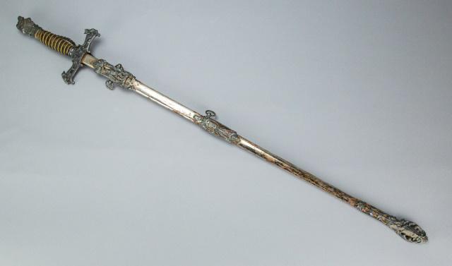 Knights Pythias "FCB" Fraternal Sword and Sheath: Knights Pythias "FCB" Fraternal Sword and Sheath. Sword has heavy rusting. 38 inches in length.
