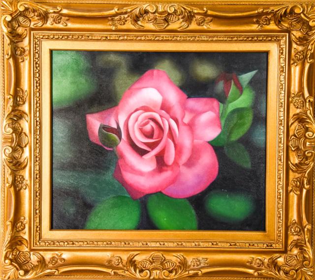 Framed Oil on Canvas Pink Rose Flower w COA: Framed Oil on Canvas Pink Rose Flower with Certificate of Authentification. Gilt Rococo style frame. Signed in lower right corner by Angie. Measures 30.5 inches high by 34.5 inches wide.