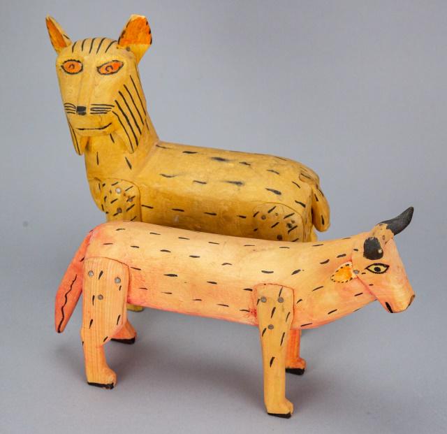 Oaxacan Wood Carving of Lion and a Steer: Oaxacan Wood Carving of Lion and a Steer. lion measures 11 inches x 11 inches.