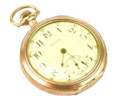 Antique Gold Filled Waltham Pocket Watch.: Face has been replaced with plastic face, watch is working. Measures 3 inches.
