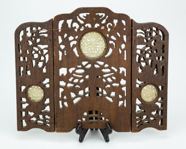 Antique Hand Carved Table Screen w Jade Inserts (1 of 5)