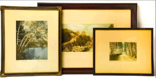 3 Wallace Nutting Hand Colored Photo Lithographs: 3 Wallace Nutting Hand Colored Photo Lithographs. Each depicting nature scenes with white birch trees, signed Wallace Nutting. Larger frame measures 17.5 inches x 24.5 inches.