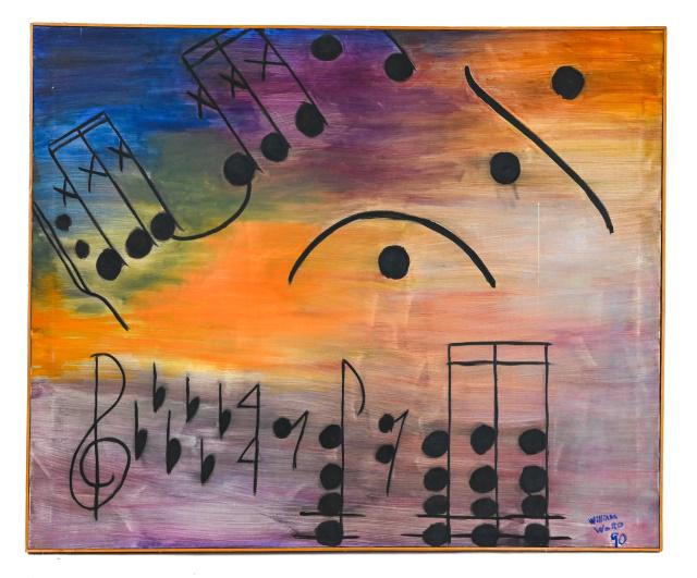 William Ward Modernist Oil Painting Music Themed: William Ward Large Music-Themed Modernist Oil Painting Signed and Dated 1990. 38 inches x 47 inches