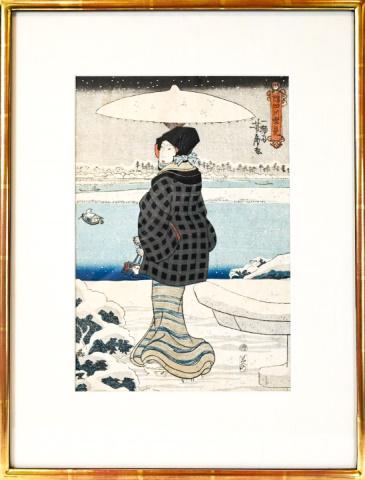 Antique Japanese Woodblock of Woman w Unbrella (1 of 8)