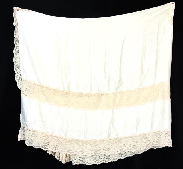 Antique Satin & Lace Wedding Bed Cover, Bed Spread: Antique Satin & Lace Wedding Bed Cover, Bed Spread with Art Deco Center Monogram by Custom Bed Covers. Ivory and Nude color ways. In excellent condition. Measures 78 inches x 96.