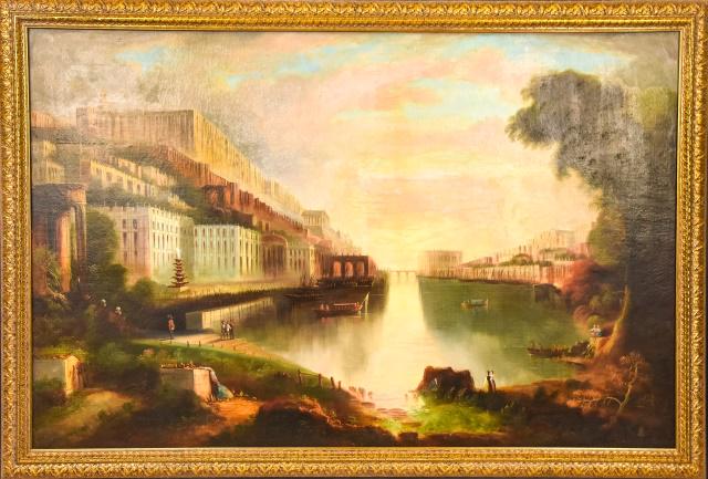 Antique 19th C Edmund C Coates Canal Painting: Framed Antique 19th Century Edmund C. Coates (American, 1816-1871) Oil on Board Canal Painting. Oil painting depicting canal scene with people in the foreground and boats and architecture in the dista