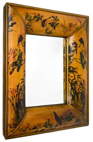 Hand Painted Chinoisserie Bowed Frame Gilt Mirror: Hand Painted Chinoisserie Bowed Wide Gilt Frame Beveled Glass Mirror. 39 inches x 32 inches x 3 inches
