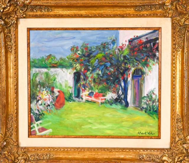 Albert Mohr Contemporary Oil Painting of Courtyard: Albert Mohr, German b. 1918) Contemporary Oil Painting of Summer Courtyard Professionally Framed and Signed. Framed measures 30 inches x 35 inches, art measures 20 inches x 24 inches.