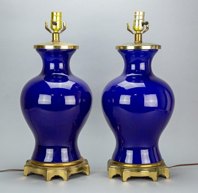 Pair Chinese Blue Glaze Porcelain Table Lamps (1 of 6)
