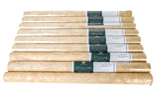 8 Rolls Zoffany England Damask "Tours" Wall Paper: 8 Rolls Zoffany England Damask "Tours" Wall Paper. Design #DK03003, Batch 5, Trimmed width is 27 inches, repeat height is 25 inches, and roll length is 11 yards.