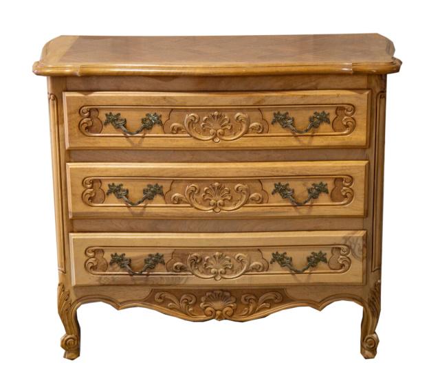 French Country Hand Carved Decorated Commode: French Country Hand Carved Decorated Commode. Measures 33 inches x 40 inches x 21 inches.