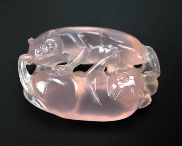 Chinese Rose Quartz & Jadite Double Badger Toggle: Chinese Polished Rose Quartz and Jadite Double Badger Toggle Pendant. Measures 2 inches.