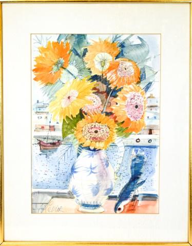 Charles Levier Ink & Watercolor Signed Sunflowers (1 of 8)