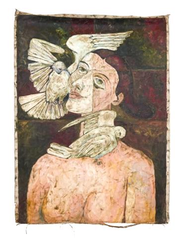 Jamil Naqsh Impressionist Oil Painting Nude: Jamil Naqsh Modernist Impressionist Low Impasto Oil Painting of Nude Woman and Pigeon 1996, Unframed. 34 inches x 47 inches