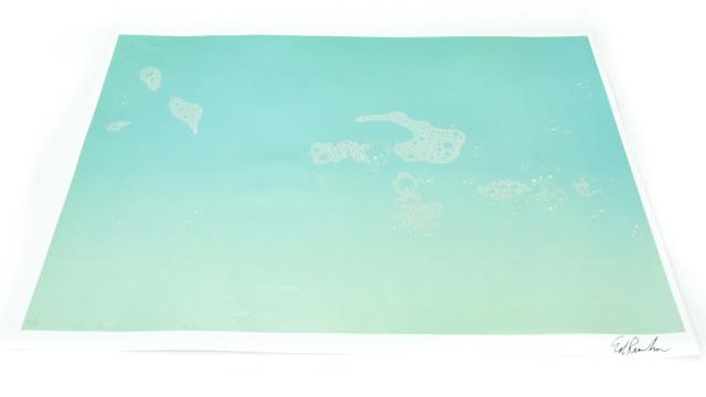 Signed Ed Ruscha "Green Suds" Poster: Signed Ed Ruscha (American, b.1937) "Green Suds" Poster. Bend to bottom right corner in white space. 17 inches x 22 inches. Signed in bottom right corner.