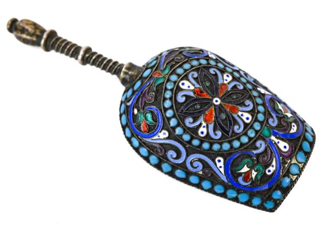 Gustav Klingert Imperial Russian Silver Scoop: Antique Gustav Klingert Imperial Russian Silver and Enamel Champleve Scoop. Hallmarked. 4 inches x 2 inches x 1 inch