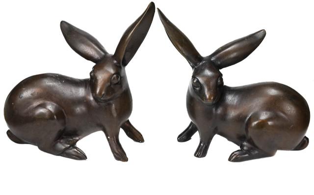 Pair Bronze Tone Bunny Rabbit Statues (1 of 9)