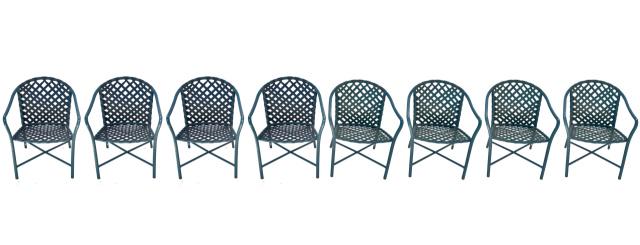 Set of 8 Brown Jordan Tamiami Chairs in Green: Set of 8 Brown Jordan Tamiami Chairs in Green. Vinyl strap.Measures 31.5 inches x 25 inches x 25 inches, seat height 16 inches.