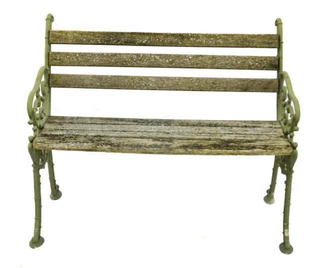 Weathered Wood Bench with Cast Iron Legs: Weathered Wood Bench with Cast Iron Legs.Measures 35 inches x 43 inches x 25 inches, seat height 18 inches.