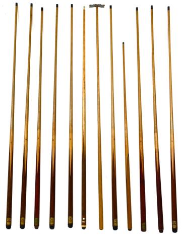Collection of 12 Pool Cues: Collection of 12 Pool Cues. Measuring approximately 57 inches long.