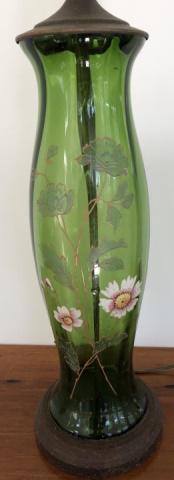 Antique Hand Painted Green Glass Lamp: Antique Hand Painted Green Glass Lamp. 33 inches x 6 inches in diameter.