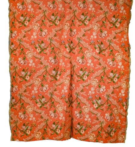 Remnant Chinoisserie Jacquard Brocade Fabric Coral: Remnant Chinoisserie Jacquard Brocade Fabric in Coral, Moss Green, Ivory, Pink and Red Color Ways. Approximately 324 inches x 216 inches.