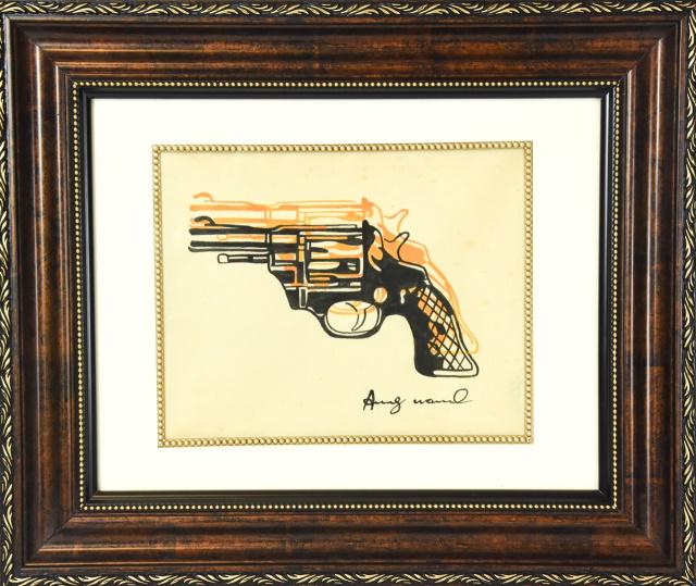 Andy Warhol Framed Guache on Paper of Revolver: In the Manner of Andy Warhol (American 1928-1987) Framed and Signed Guache on Paper of Revolver. Framed under glass but appears to carry Warhol estate stamp on reverse of art. From the estate of a pri