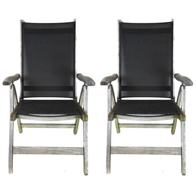 Pair Adjustable Teak & Black Fabric Lounge Chairs (1 of 13)