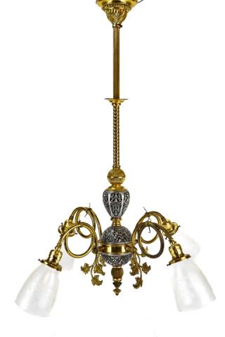 Antique Art Noveau Brass & Iron Chandelier: Antique Art Noveau Brass & Iron Reticulated 4 Light Chandelier with Etched Frosted Glass Shades. 34 inches x 24 inches in diameter.