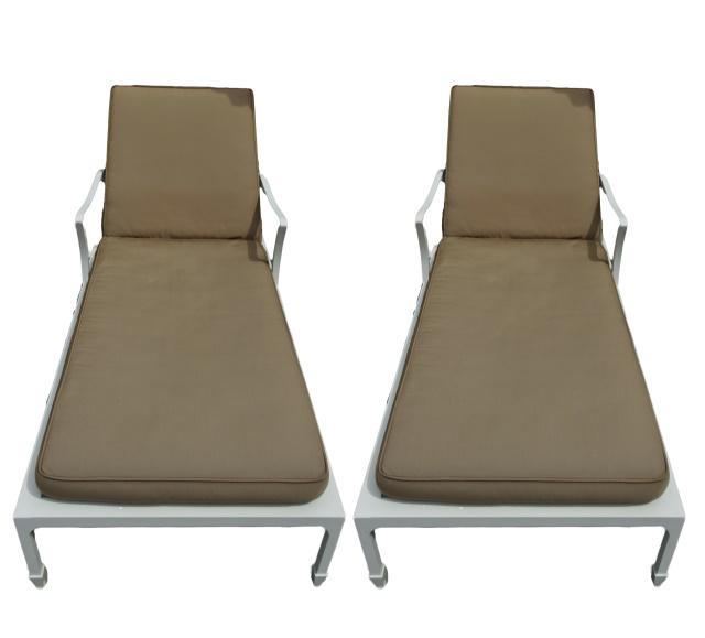 Pair McKinnon and Harris Otey Sun Chaise: Pair McKinnon and Harris Otey Sun ChaiseLofted-cut signature crest rail with compound mitered cuts on the shoulders crowns a complex back design inspired by Chinoiserie fretwork.Measures 16 inches x 2